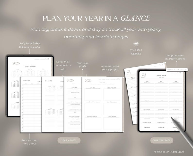 K&ouml;nnte beinhalten: Ein digitaler Planer mit dem Text "PLAN YOUR YEAR IN A GLANCE". Der Planer enth&auml;lt Jahres-, Quartals- und Schl&uuml;sseldatenseiten. Zu den Funktionen geh&ouml;ren ein 365-Tage-Kalender, Jahres- und Quartalsseiten. Ein Stift ist ebenfalls sichtbar.
