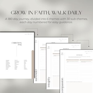 Pode incluir: Uma cole&ccedil;&atilde;o de di&aacute;rios crist&atilde;os brancos e bege. Os di&aacute;rios apresentam o texto "GROW IN FAITH, WALK DAILY" e "CHRISTIAN living". Os di&aacute;rios s&atilde;o projetados para uma jornada de 180 dias, dividida em 6 temas com 30 subtemas.