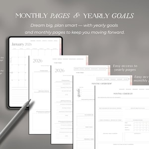 May include: Digital planner with monthly and yearly goal pages. The planner includes a calendar for January 2026, monthly overviews, and check-in pages. The text on the image reads "MONTHLY PAGES & YEARLY GOALS" and "Dream big, plan smart".