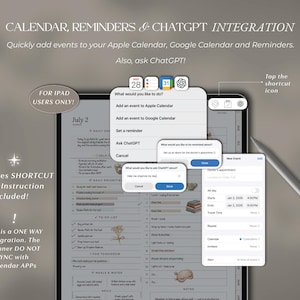 May include: A digital planner interface on a tablet screen displaying integration menus for Apple Calendar, Google Calendar, Reminders, and ChatGPT. The screen shows pop-up windows for adding events, setting reminders, and text input fields for ChatGPT.