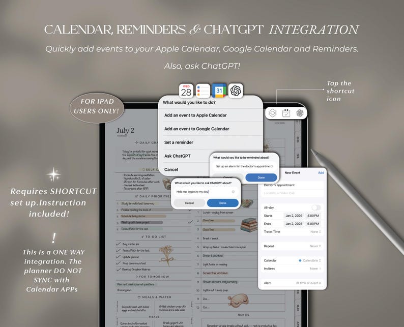 May include: A digital planner interface on a tablet screen displaying integration menus for Apple Calendar, Google Calendar, Reminders, and ChatGPT. The screen shows pop-up windows for adding events, setting reminders, and text input fields for ChatGPT.