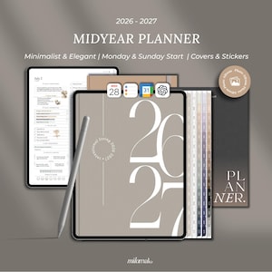 May include: A digital 2026-2027 midyear planner displayed on tablets with a stylus. The cover features large white numbers 2026 and 2027 on a taupe background. The interface shows daily scheduling pages, tabbed navigation, and a circular sticker icon.