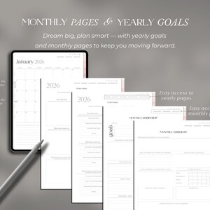 May include: Digital planner with monthly and yearly goal pages. The planner includes a calendar for January 2026, monthly overviews, and check-in sections. The text reads "MONTHLY PAGES & YEARLY GOALS" and "Dream big, plan smart".