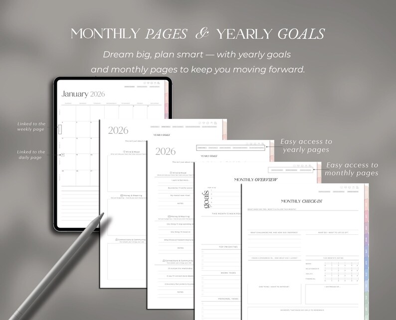 May include: Digital planner with monthly and yearly goal pages. The planner includes a calendar for January 2026, monthly overviews, and check-in sections. The text reads "MONTHLY PAGES & YEARLY GOALS" and "Dream big, plan smart".