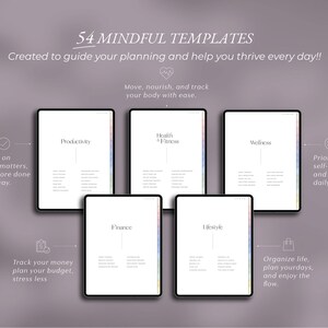 May include: Five digital tablets displaying templates for planning, with the words "Productivity", "Health & Fitness", "Wellness", "Finance", and "Lifestyle". The text "54 Mindful Templates" is at the top, with additional text describing the templates' purpose.