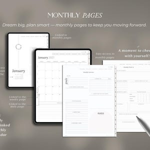 Op de afbeelding: Een digitale planner-interface met maandpagina's, een kalender voor januari 2027, een maandoverzicht en een maandelijkse check-in sectie. De lay-out bevat tekstlabels voor navigatie, het bijhouden van doelen en notities op een witte achtergrond.