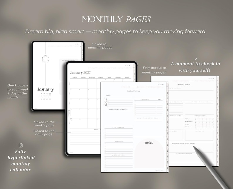 Op de afbeelding: Een digitale planner-interface met maandpagina's, een kalender voor januari 2027, een maandoverzicht en een maandelijkse check-in sectie. De lay-out bevat tekstlabels voor navigatie, het bijhouden van doelen en notities op een witte achtergrond.