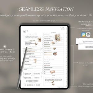 Op de afbeelding: Een digitale planner weergegeven op een tabletscherm met een stylus, met secties voor dagelijkse dankbaarheid, zelfzorg, prioriteiten, takenlijsten, maaltijden en een planning. De interface bevat tekstlabels zoals SEAMLESS NAVIGATION.