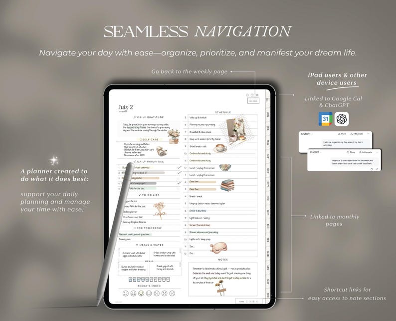Op de afbeelding: Een digitale planner weergegeven op een tabletscherm met een stylus, met secties voor dagelijkse dankbaarheid, zelfzorg, prioriteiten, takenlijsten, maaltijden en een planning. De interface bevat tekstlabels zoals SEAMLESS NAVIGATION.
