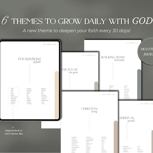 May include: A digital devotional journal with six themes to grow daily with God. The journal includes the themes: Foundations of Faith, Fruits of the Spirit, Walking with God daily, Christian Living, and Spiritual Growth. The text "Hyperlinked to each theme day" is also visible.