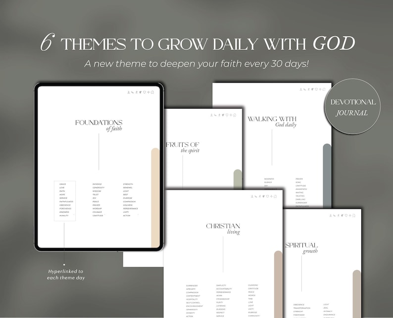 May include: A digital devotional journal with six themes to grow daily with God. The journal includes the themes: Foundations of Faith, Fruits of the Spirit, Walking with God daily, Christian Living, and Spiritual Growth. The text "Hyperlinked to each theme day" is also visible.