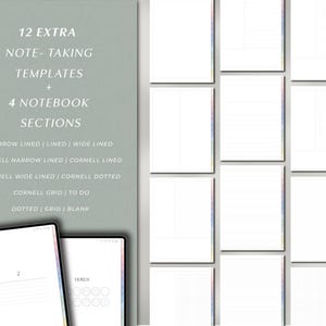 May include: Digital notebook templates with 12 extra note-taking templates and 4 notebook sections. The templates include narrow, lined, and wide-lined pages, Cornell note-taking layouts, and grid and blank pages. Two digital tablets are shown with the word "notes" on one.