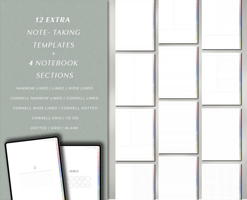 May include: Digital notebook templates with 12 extra note-taking templates and 4 notebook sections. The templates include narrow, lined, and wide-lined pages, Cornell note-taking layouts, and grid and blank pages. Two digital tablets are shown with the word "notes" on one.