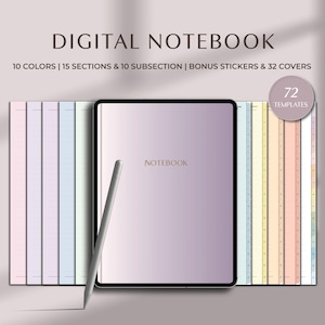 May include: Digital notebook with 10 colors, 15 sections, and 10 subsections. The image shows a tablet with a stylus, surrounded by colorful digital notebook covers. The text on the tablet reads "NOTEBOOK". Includes bonus stickers and 32 covers, with 72 templates.