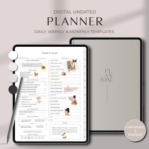 Puede incluir: Planificador digital sin fecha con plantillas diarias, semanales y mensuales. El planificador presenta un diseño limpio y minimalista con el texto "TODAY'S PLAN". La imagen también incluye un lápiz óptico y una paleta de colores.