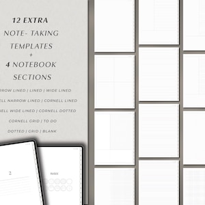 Op de afbeelding: Een digitale planner-set met 12 notitie-sjablonen en 4 notitieboeksecties. De tekst luidt 12 EXTRA NOTE-TAKING TEMPLATES + 4 NOTEBOOK SECTIONS, met stijlen zoals smal gelinieerd, Cornell, gestippeld, raster en blanco op een lichte achtergrond.