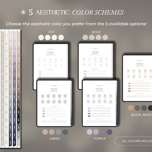 Op de afbeelding: Een digitale planner-weergave met 5 esthetische kleurenschema's genaamd Oat, Beige, Black_Beige, Green en Purple. De afbeelding toont meerdere tabletschermen met kalenderpagina's, maandelijkse tabbladen, ronde iconen en tekstvelden voor planning.