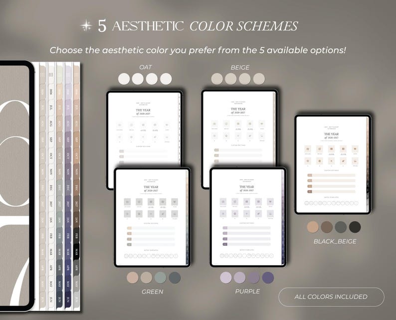 Op de afbeelding: Een digitale planner-weergave met 5 esthetische kleurenschema's genaamd Oat, Beige, Black_Beige, Green en Purple. De afbeelding toont meerdere tabletschermen met kalenderpagina's, maandelijkse tabbladen, ronde iconen en tekstvelden voor planning.