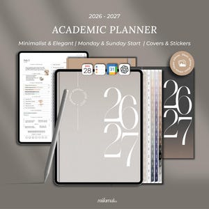 May include: A digital academic planner for 2026-2027 displayed on a tablet screen with a stylus. The interface shows a daily schedule, task lists, and calendar icons. The cover features large white text reading 26 27 on a neutral gray background.