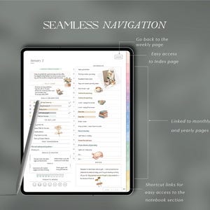 May include: A digital planner on a tablet with the text "Seamless Navigation." The planner's interface includes daily priorities, a schedule, and notes. A stylus points to the planner's features. The background is a solid gray.