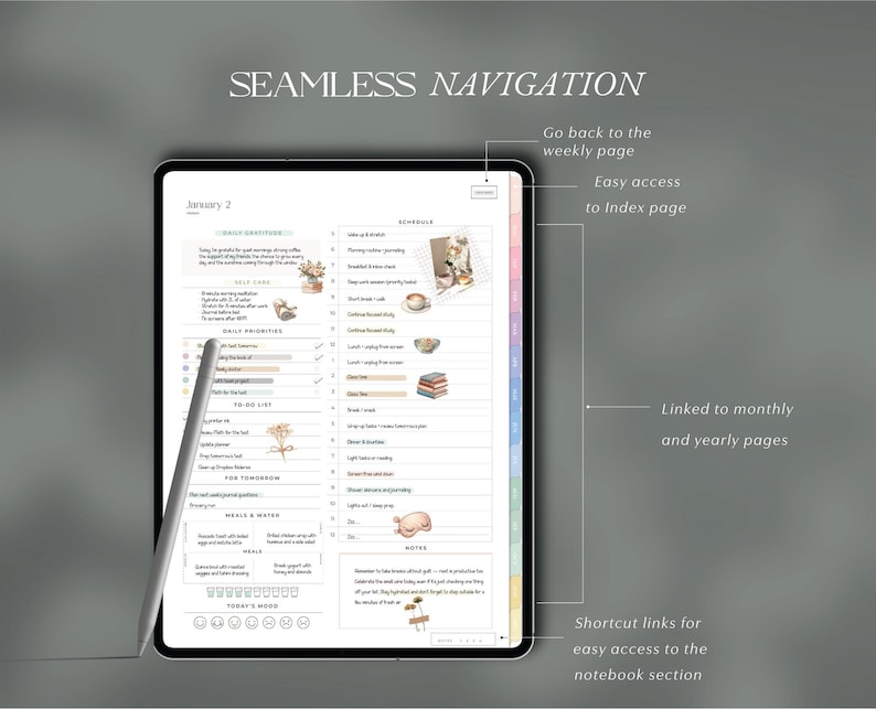 May include: A digital planner on a tablet with the text "Seamless Navigation." The planner's interface includes daily priorities, a schedule, and notes. A stylus points to the planner's features. The background is a solid gray.