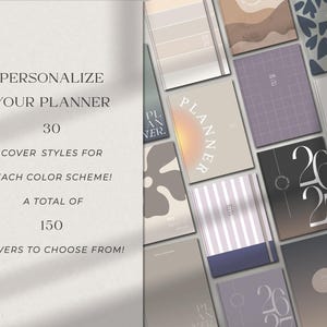 Op de afbeelding: Een collectie planners met diverse omslagontwerpen, waaronder strepen, rasters, harten en gradi&euml;nten. De tekst links luidt: PERSONALIZE YOUR PLANNER 30 COVER STYLES FOR EACH COLOR SCHEME! A TOTAL OF 150 COVERS TO CHOOSE FROM! De planners bevatten de jaartallen 2026 en 2027.