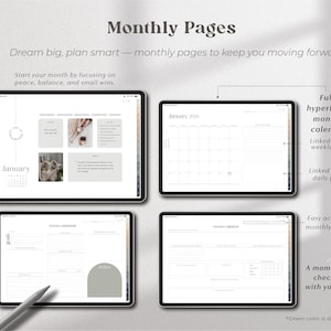 May include: A digital planner interface with the text "Monthly Pages" and "Dream big, plan smart - monthly pages to keep you moving forward." The interface displays a calendar, goals, and other planning pages. The text "January" is visible.