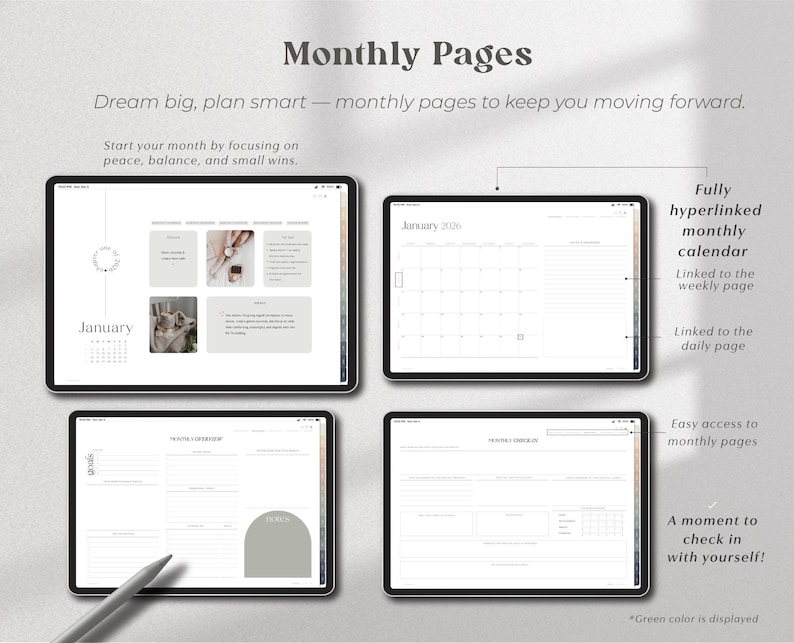 May include: A digital planner interface with the text "Monthly Pages" and "Dream big, plan smart - monthly pages to keep you moving forward." The interface displays a calendar, goals, and other planning pages. The text "January" is visible.