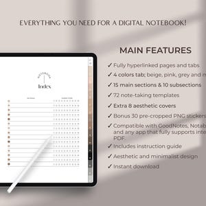 Minimalist digital notebook for iPad with lined pages grid pages dotted pages Cornell note pages good for GoodNotes Notability templates for students and note taking digital organization portrait layout with aesthetic design perfect for academic use interactive PDF easy to use on iPad student notebook best seller star seller top rated premium quality instant download trusted small business woman owned unique design must have top 5 star seller trending product best notebook best planner