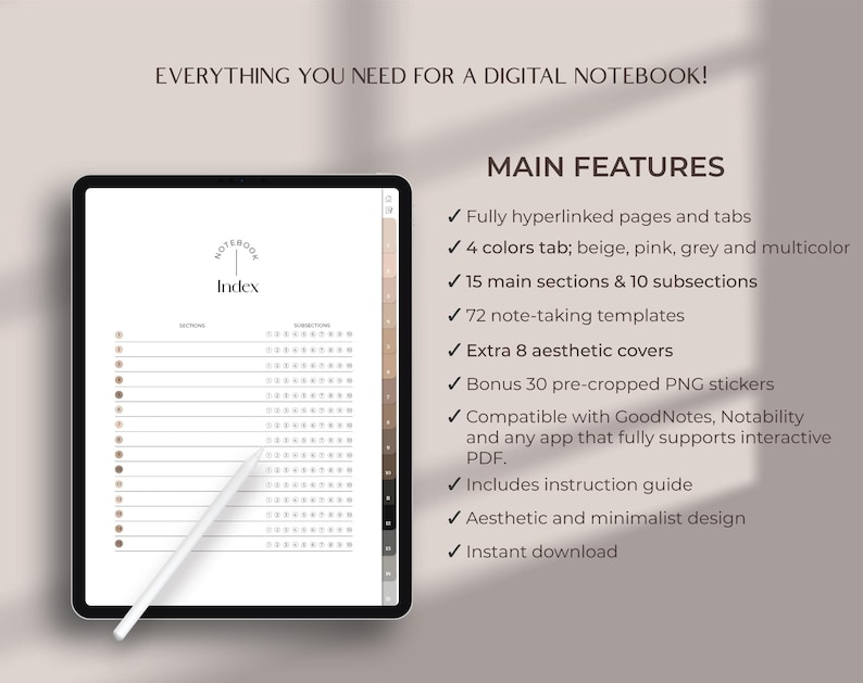 Minimalist digital notebook for iPad with lined pages grid pages dotted pages Cornell note pages good for GoodNotes Notability templates for students and note taking digital organization portrait layout with aesthetic design perfect for academic use interactive PDF easy to use on iPad student notebook best seller star seller top rated premium quality instant download trusted small business woman owned unique design must have top 5 star seller trending product best notebook best planner