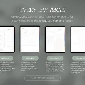 May include: Image of four digital planner layouts, each displayed on a tablet. The text reads "EVERY DAY PAGES." Descriptions include "Original," "Journal," "Minimalist," and "Flex Layout," with details about each style. The phrase "ALL FOUR STYLES INCLUDED" is also visible.