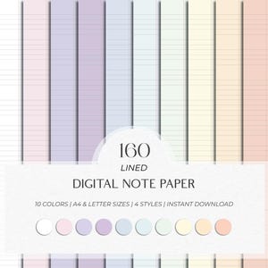 Può includere: Carta per appunti digitale con 10 colori pastello, formati A4 e lettera e 4 stili. L'immagine mostra carta a righe nei toni del rosa, viola, blu e giallo. Il testo recita "160 Lined Digital Note Paper".