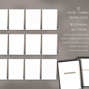 May include: Digital note-taking templates with 12 templates and 4 custom sections. The templates include narrow lined, wide lined, Cornell, grid, and blank options. The image shows a tablet with a template displayed.