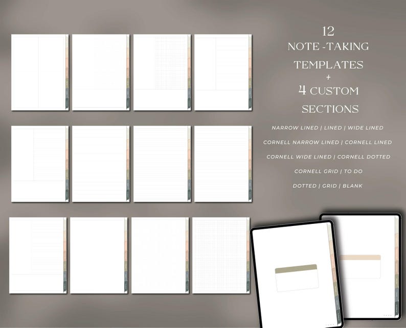 May include: Digital note-taking templates with 12 templates and 4 custom sections. The templates include narrow lined, wide lined, Cornell, grid, and blank options. The image shows a tablet with a template displayed.
