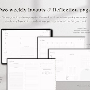 May include: A digital planner with two weekly layouts and a reflection page. The planner offers a weekly summary or an hourly layout. Features include calendar integration, reminders, and ChatGPT. The plain color is displayed.