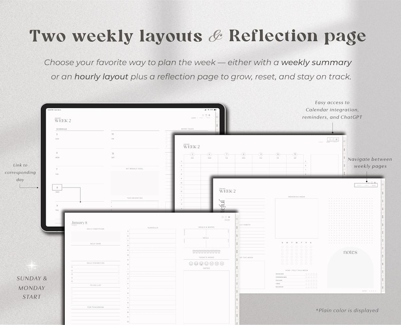 May include: A digital planner with two weekly layouts and a reflection page. The planner offers a weekly summary or an hourly layout. Features include calendar integration, reminders, and ChatGPT. The plain color is displayed.