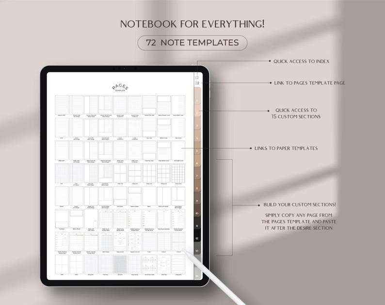 Minimalist digital notebook for iPad with lined pages grid pages dotted pages Cornell note pages good for GoodNotes Notability templates for students and note taking digital organization portrait layout with aesthetic design perfect for academic use interactive PDF easy to use on iPad student notebook best seller star seller top rated premium quality instant download trusted small business woman owned unique design must have top 5 star seller trending product best notebook best planner