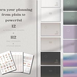 May include: A collection of planners with various covers in shades of gray, green, and purple. The planners are labeled "2026" and "PLANNER." Also included are sticker sheets with illustrations of furniture, plants, and labels. The text reads "Turn your planning from plain to powerful."