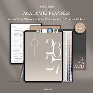 May include: A digital academic planner for 2026-2027 displayed on a tablet screen with a stylus. The cover features large white numbers 26 and 27 on a taupe background. The interface includes tabbed sections, a calendar view, and icons for dates.