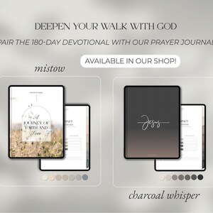 Pode incluir: Dois tablets digitais, um com o texto "A Journey of Faith and Love" e o outro com a palavra "Jesus" em escrita cursiva. O texto "Deepen Your Walk With God" e "Pair the 180-Day Devotional with Our Prayer Journal" tamb&eacute;m s&atilde;o vis&iacute;veis. A frase "Available in Our Shop!" tamb&eacute;m est&aacute; presente.