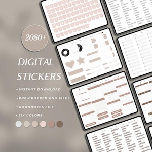 Puede incluir: Tabletas mostrando pegatinas digitales en tonos beige y marrón, con formas, iconos y etiquetas de texto. La imagen incluye el texto "2080+ DIGITAL STICKERS" e información sobre descarga instantánea y archivos PNG precortados.