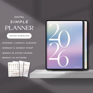 May include: A digital planner with the year 2026 displayed on the cover. The cover has a gradient of purple, blue, and white. The image also shows stickers and text that reads "DIGITAL SIMPLE PLANNER" and "INSTANT DOWNLOAD."