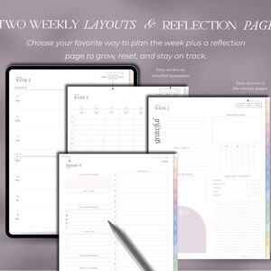 May include: A digital planner with two weekly layouts and a reflection page. The planner includes a tablet displaying a weekly schedule, and several pages with daily and weekly planning templates. Text on the image reads: "TWO WEEKLY LAYOUTS & REFLECTION PAGE."
