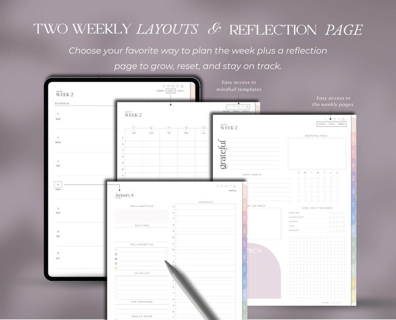 May include: A digital planner with two weekly layouts and a reflection page. The planner includes a tablet displaying a weekly schedule, and several pages with daily and weekly planning templates. Text on the image reads: "TWO WEEKLY LAYOUTS & REFLECTION PAGE."