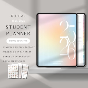 Könnte beinhalten: Digitaler Studentenplaner für 2025-2026 mit minimalistischem Design. Das Cover zeigt einen Pastellverlauf mit großen weißen Ziffern. Enthält zusätzliche Cover und Aufkleber. Der Text lautet "DIGITAL STUDENT PLANNER 2025-2026".