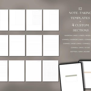 Pode incluir: Uma cole&ccedil;&atilde;o de modelos brancos para anota&ccedil;&otilde;es com v&aacute;rios layouts, incluindo pautados, quadriculados e estilo Cornell. A imagem tamb&eacute;m apresenta dois tablets digitais exibindo modelos semelhantes. O texto diz: "12 Modelos de anota&ccedil;&otilde;es + 4 Se&ccedil;&otilde;es personalizadas."