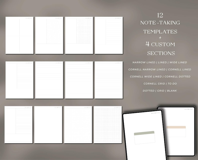 Pode incluir: Uma cole&ccedil;&atilde;o de modelos brancos para anota&ccedil;&otilde;es com v&aacute;rios layouts, incluindo pautados, quadriculados e estilo Cornell. A imagem tamb&eacute;m apresenta dois tablets digitais exibindo modelos semelhantes. O texto diz: "12 Modelos de anota&ccedil;&otilde;es + 4 Se&ccedil;&otilde;es personalizadas."