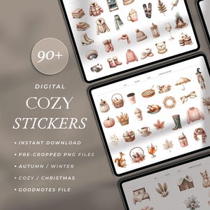 May include: Digital cozy stickers displayed on tablets, featuring autumn and winter themes. The stickers include illustrations of clothing, food, and seasonal items. The text on the image says "90+ DIGITAL COZY STICKERS".