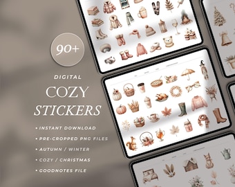 May include: Digital cozy stickers on tablets, with autumn and winter themes. The stickers include illustrations of clothing, food, and seasonal items. The image text reads "90+ DIGITAL COZY STICKERS".