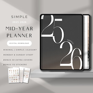 Simple Digital Planner 2025 2026 Minimalist Planner for Goodnotes Mid Year Planner Template Ipad Dated Daily Weekly Planner Monthly Calendar